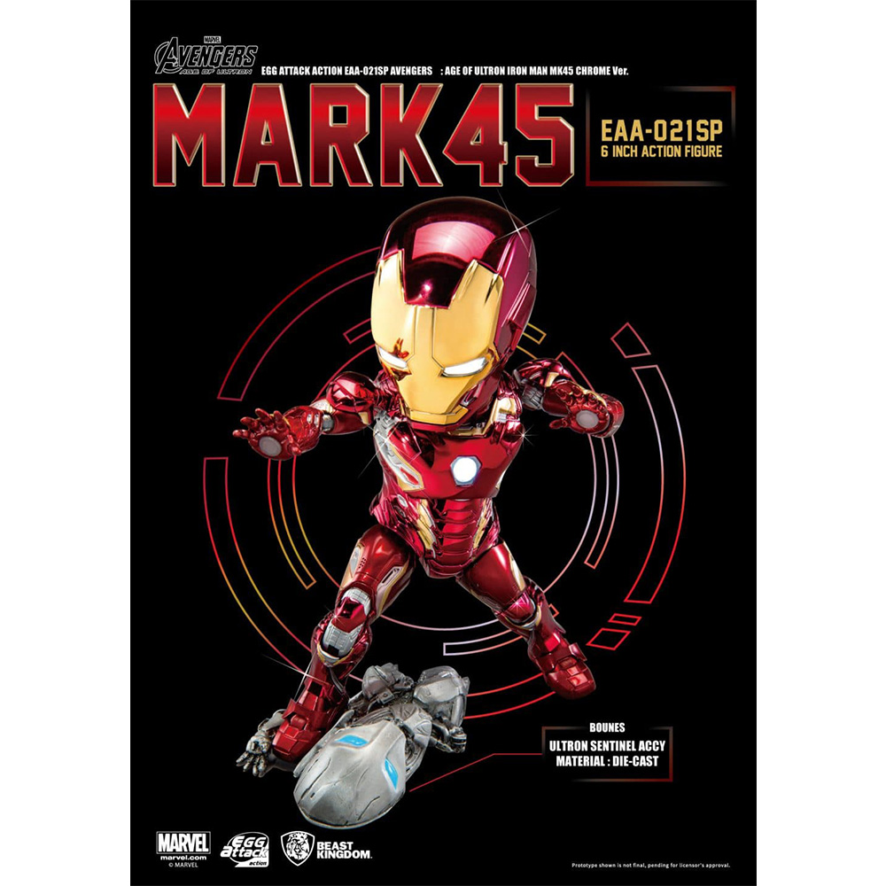 Beast Kingdom Marvel Avengers: Age of Ultron Iron Man Mark 45 MK45 EAA-021SP Egg Attack Action Figure with Ultron Sentry (Chrome Version)